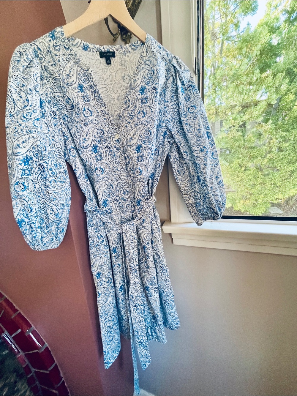 Talbots White and Blue Paisley Wrap Mini Dress